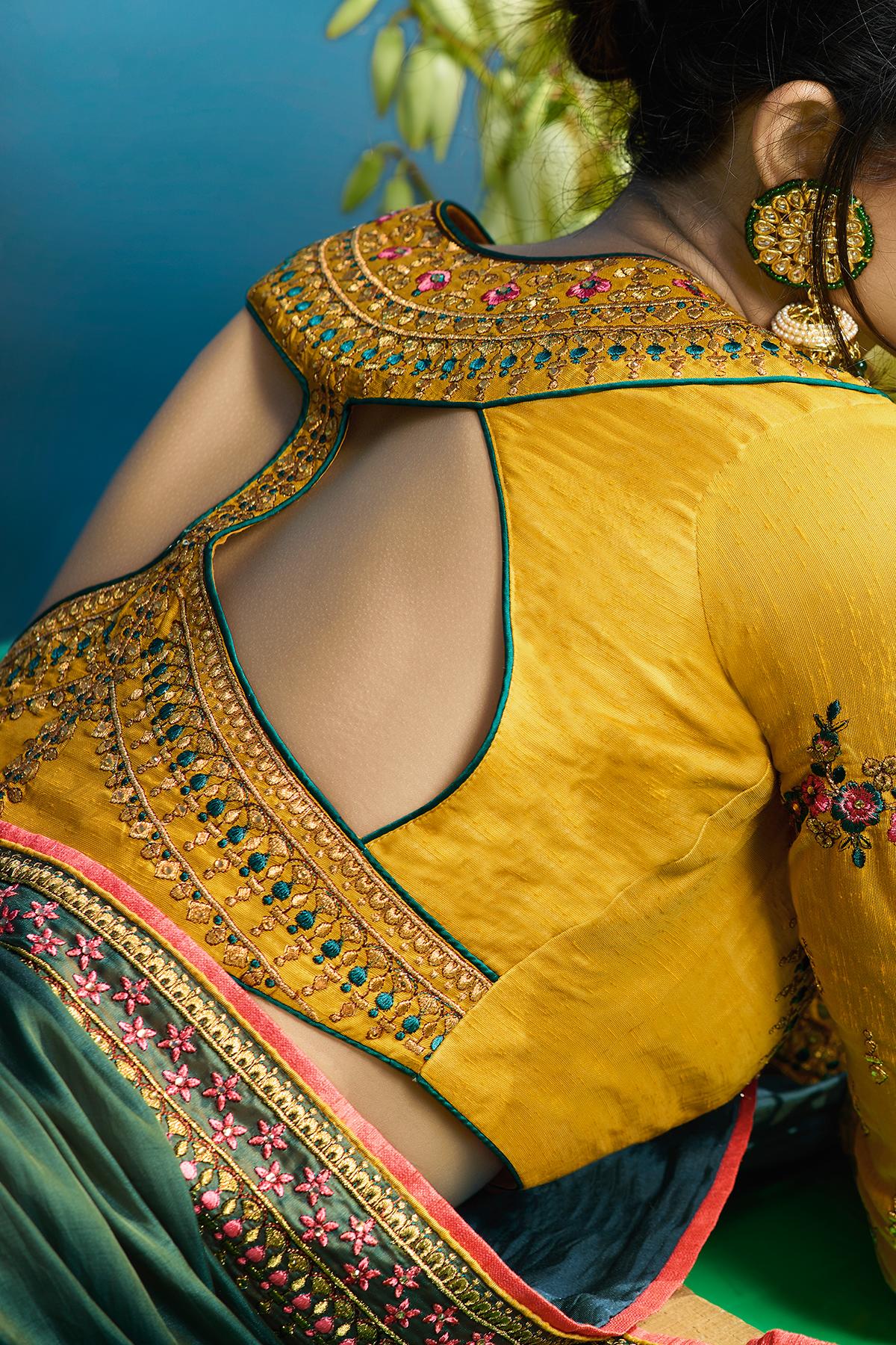 Green and Mustard Designer Silk Sari