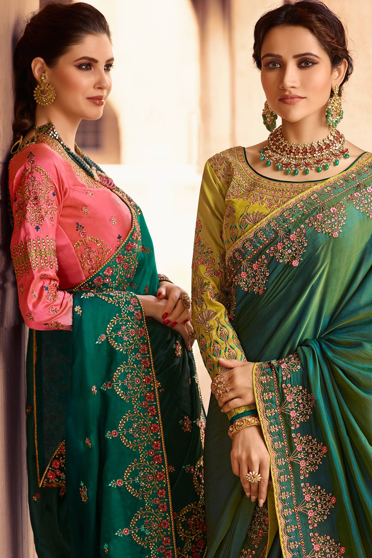Green and Pink Designer Silk Sari