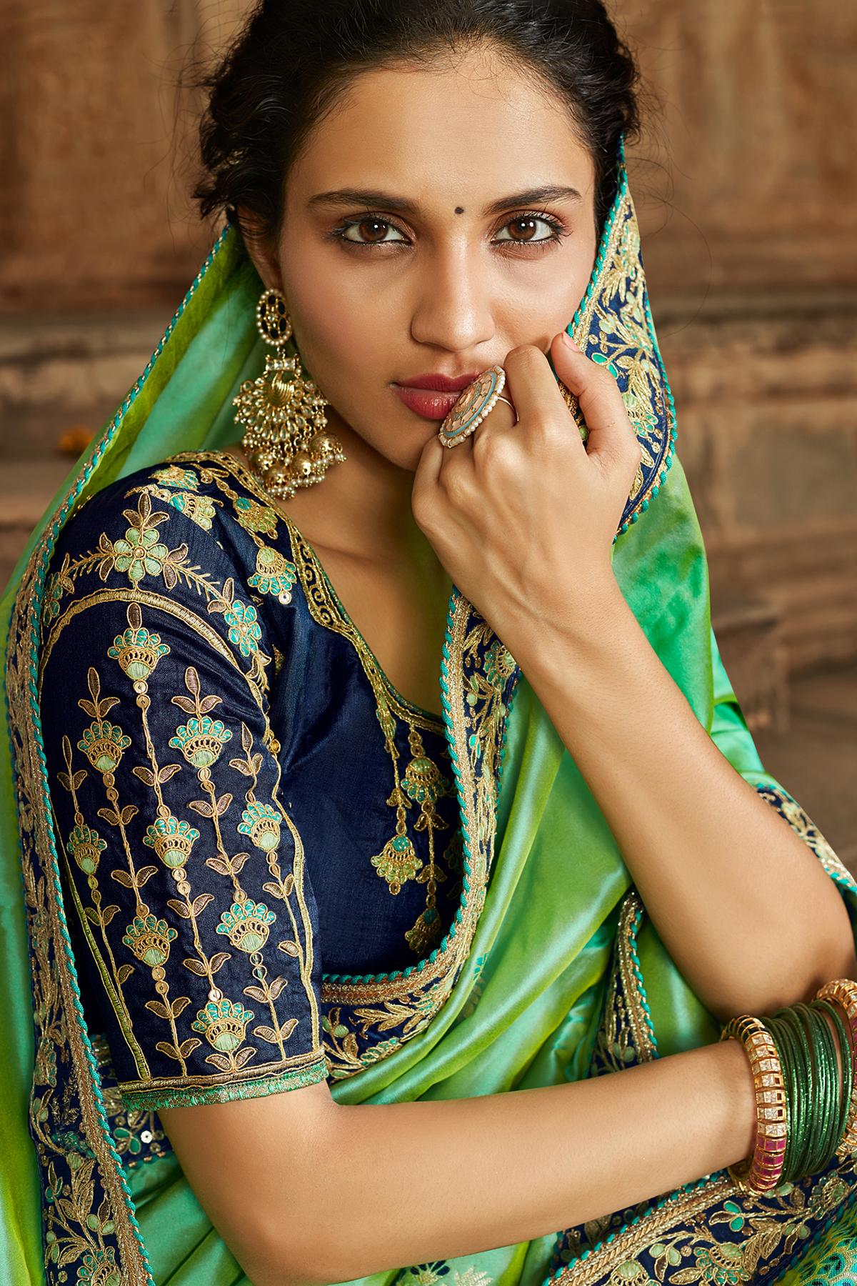 Green And Royal Blue Banarasi Silk Sari