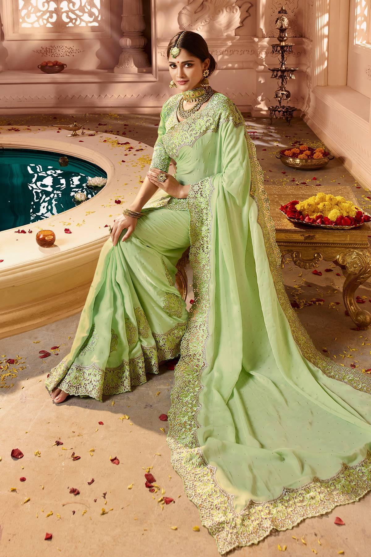 Green Designer Embroidered Bridal Silk Sari