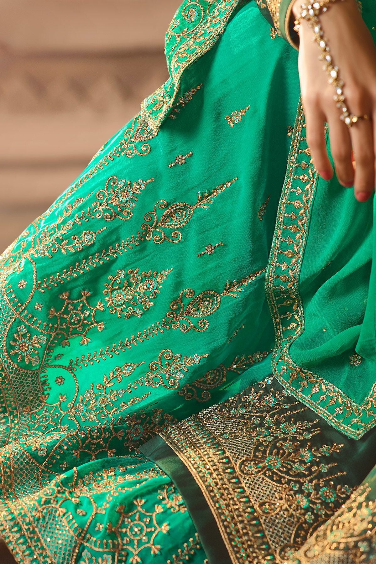 Green Embroidered Georgette Palazzo Suit
