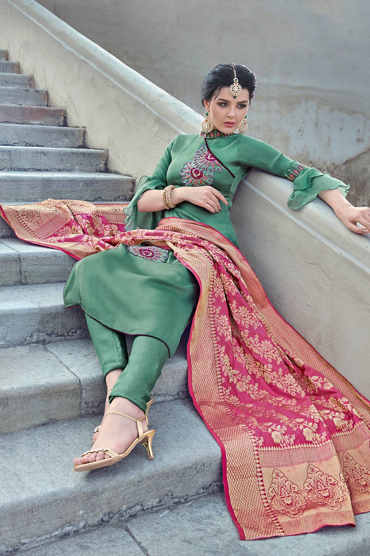 Green Satin Georgette Straight Suit