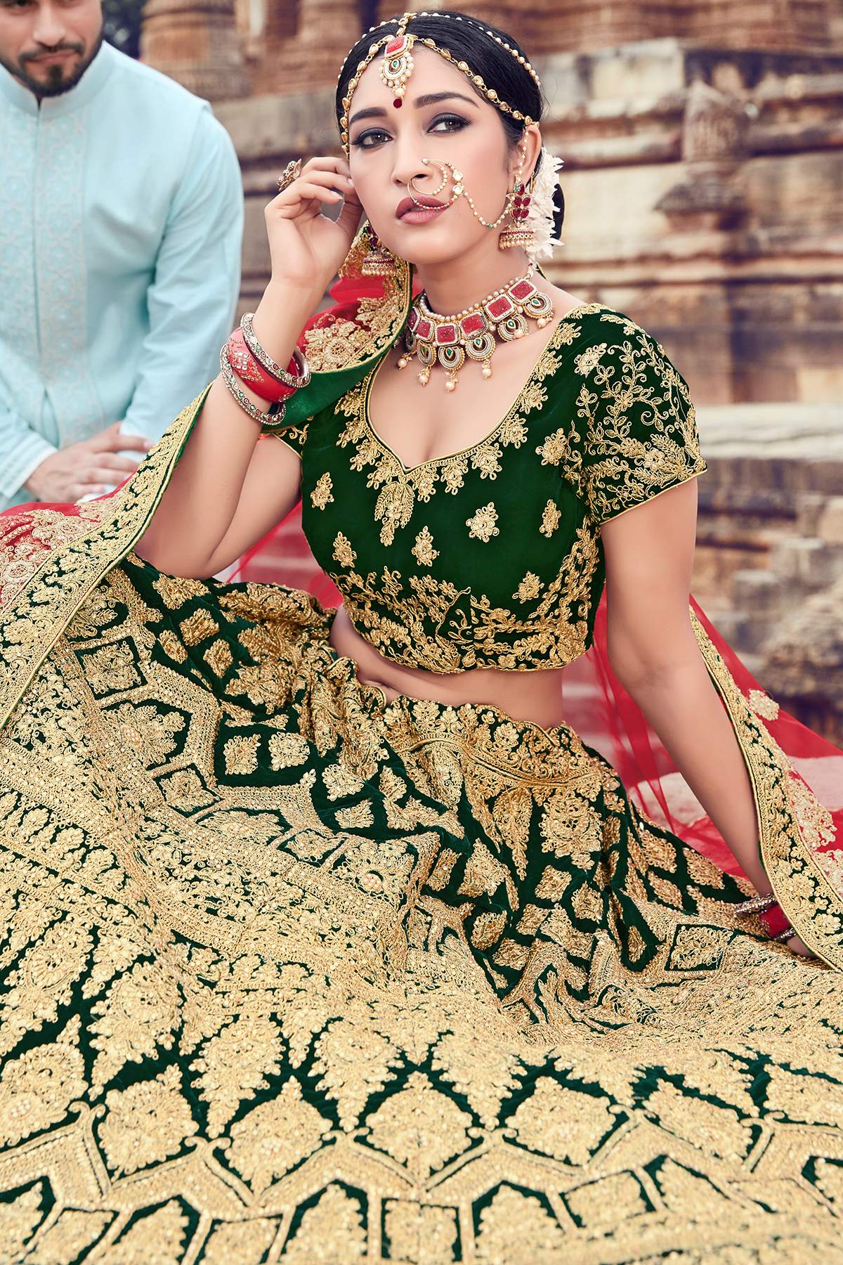 Green Velvet Bridal Lehenga Choli