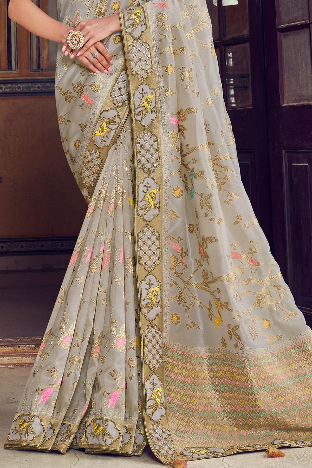 Grey and Arctic Blue Designer Silk Sari