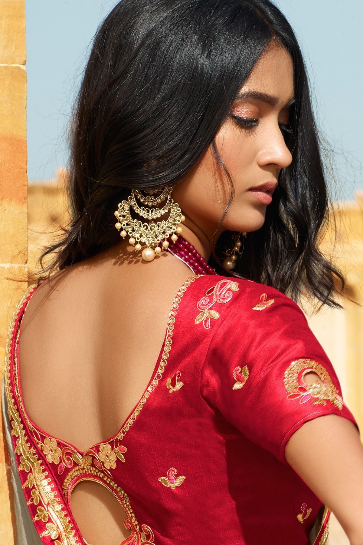 Grey and Candy Red Dola Silk Sari