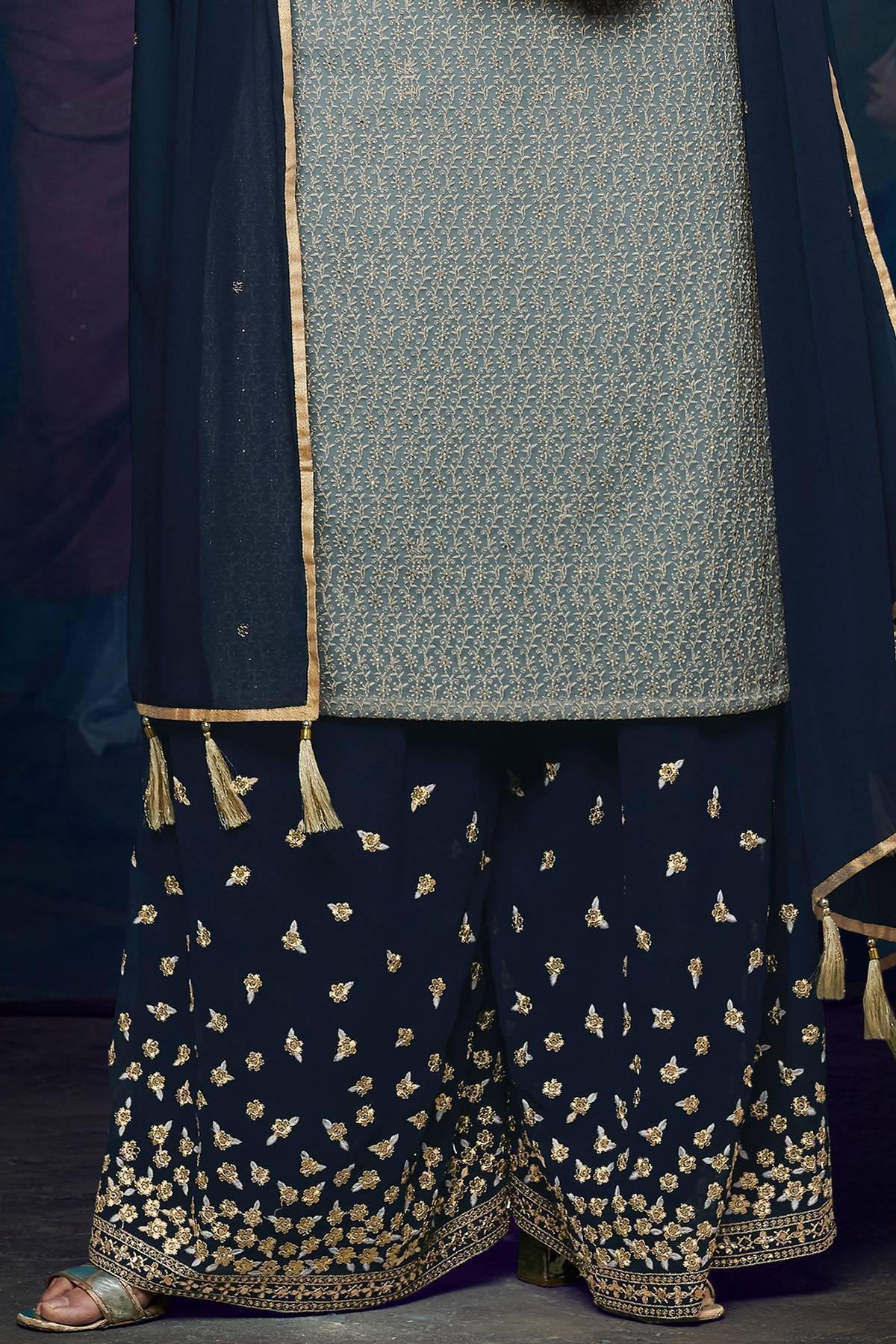 Grey And Navy Blue embroidered Palazzo Suit