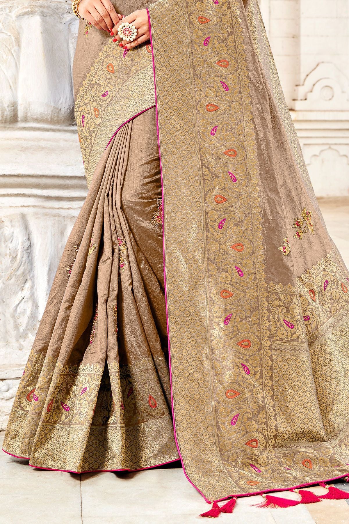Grey and Pink Designer Fancy Fabric Sari