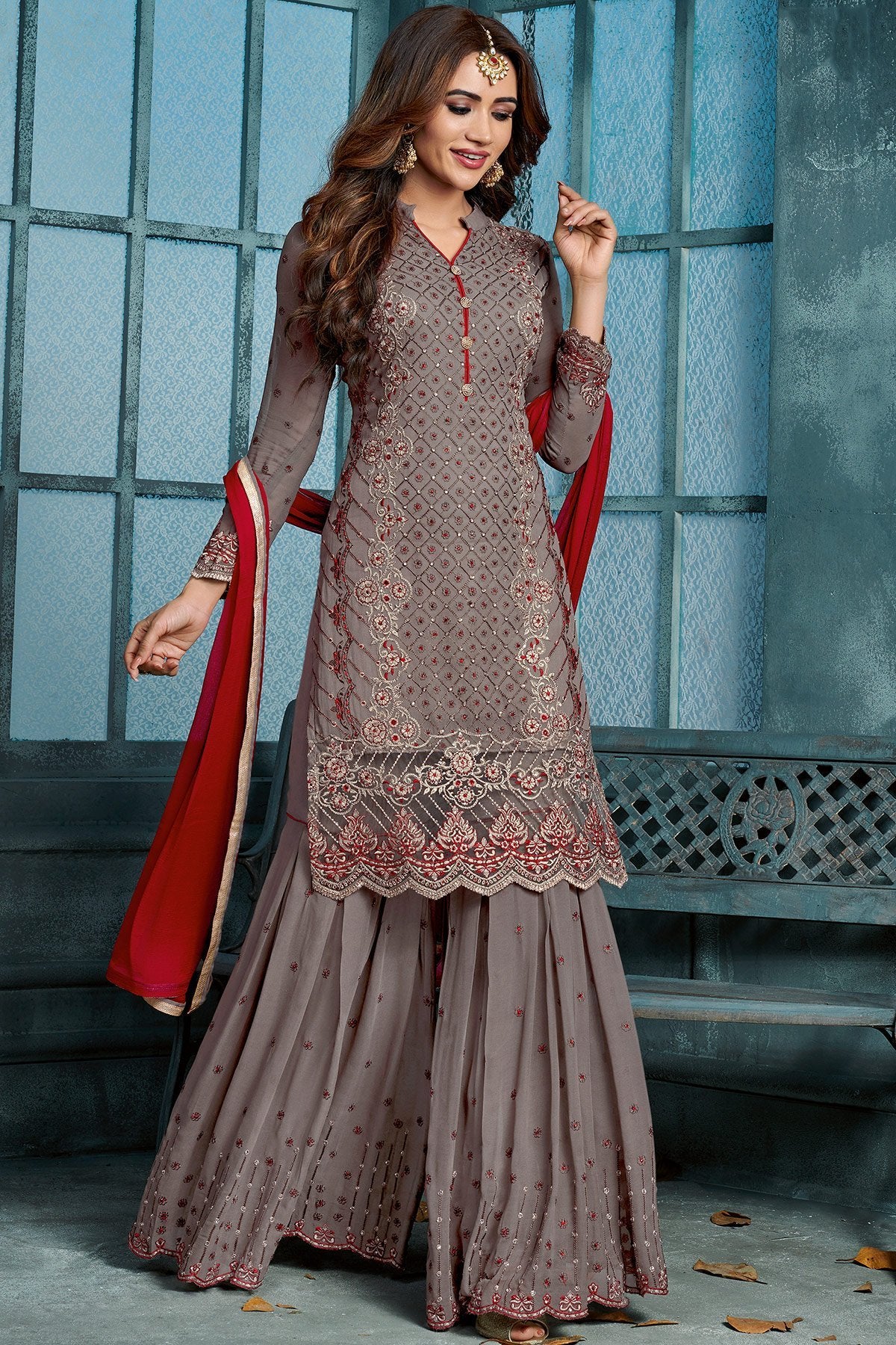 Grey And Red Embroidered Palazzo Suit