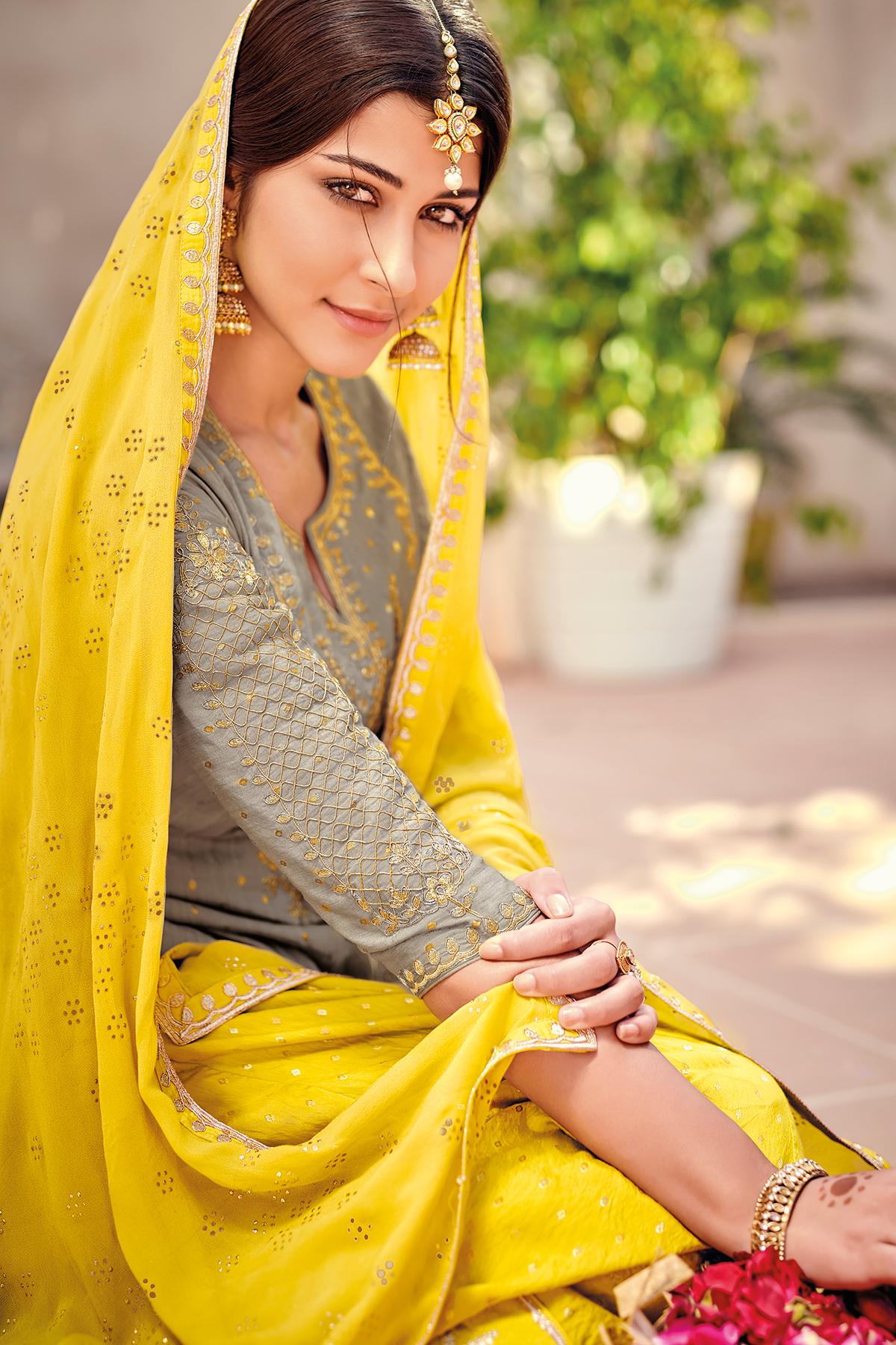 Grey And Yellow Designer Palazzo Suit