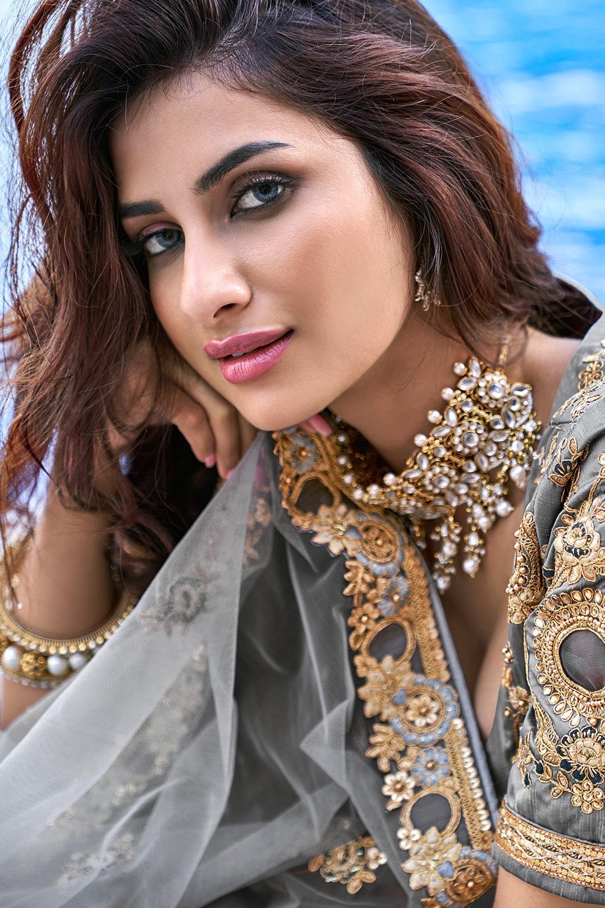 Grey Banarasi Silk Wedding Lehenga Choli Set