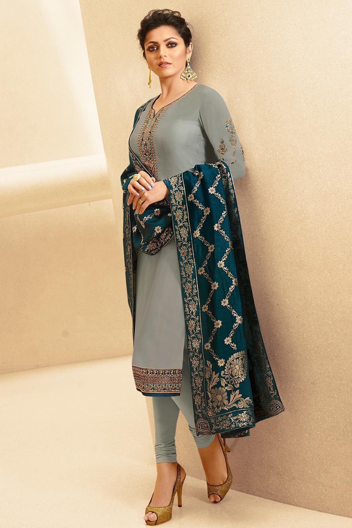 Grey Designer Embroidered Straight Suit