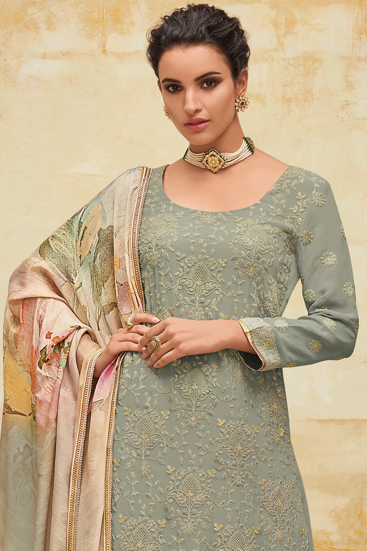 Grey Designer Georgette Palazzo Suit