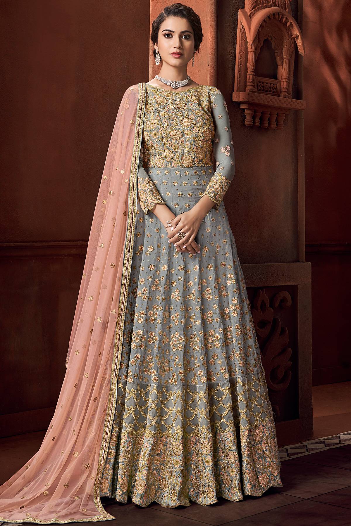 Grey Designer Net Anarkali Suit