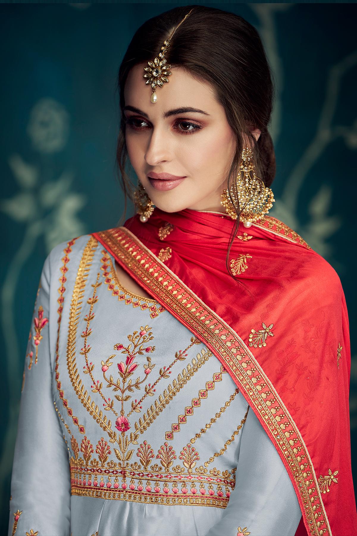 Grey Designer Satin Silk Anarkali Suit