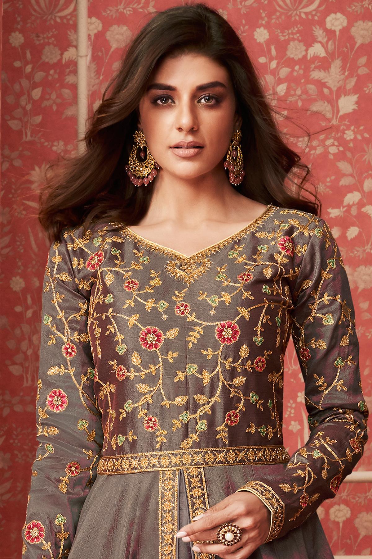 Grey Designer Slit Cut Anarkali Suit