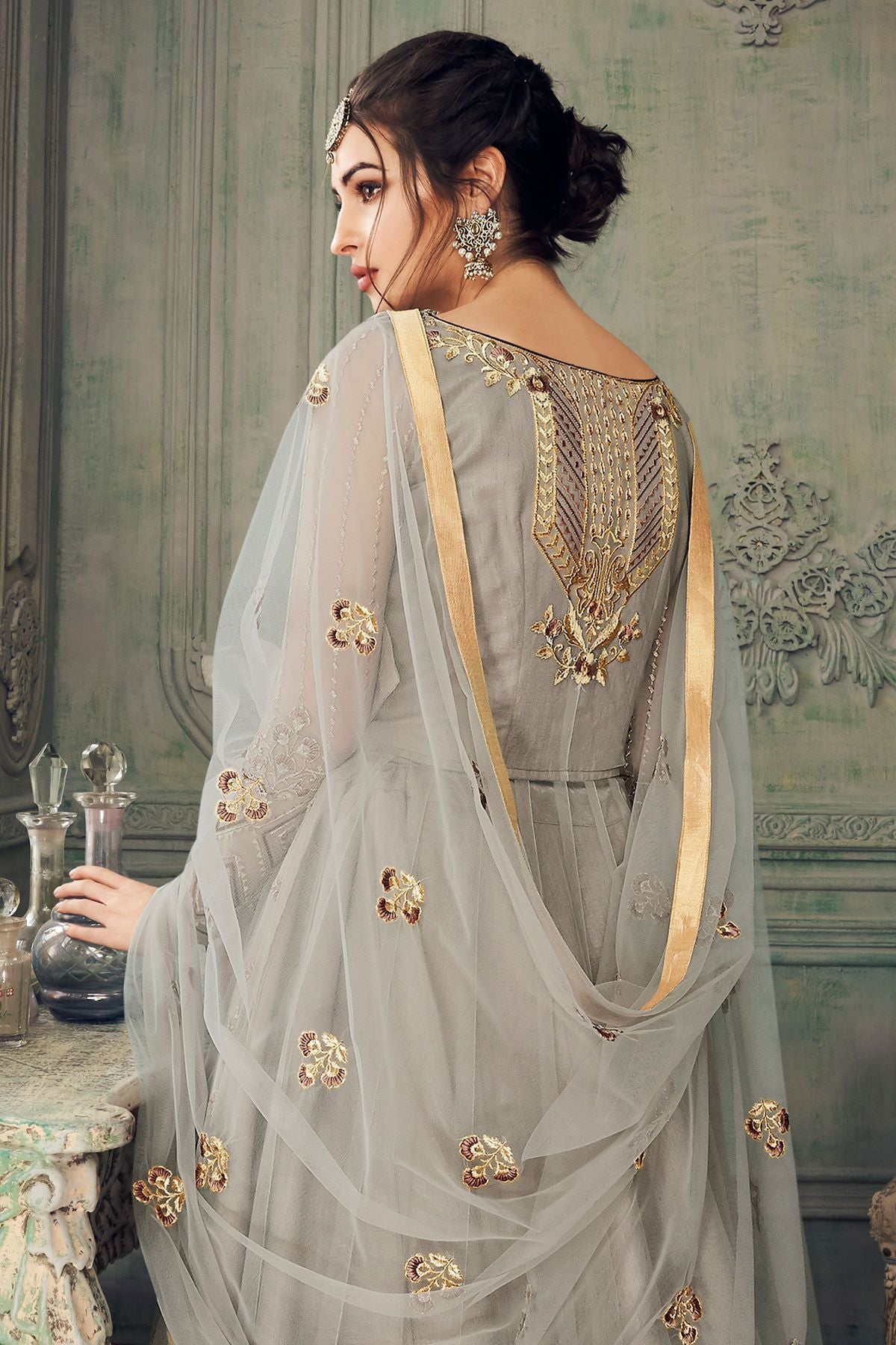 Grey Heavy Net Embroidered Party Wear Anarkali Suit