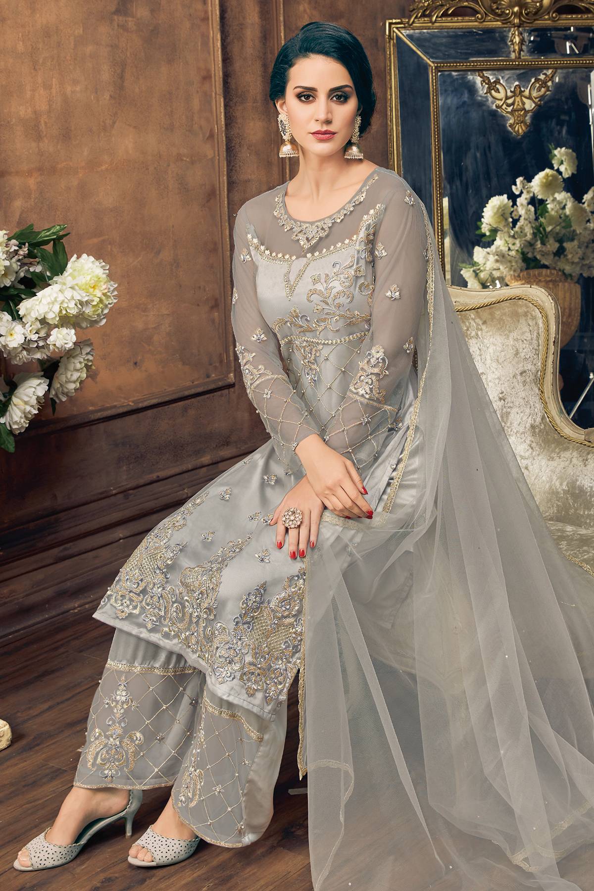 Grey Net Designer Straight Suit