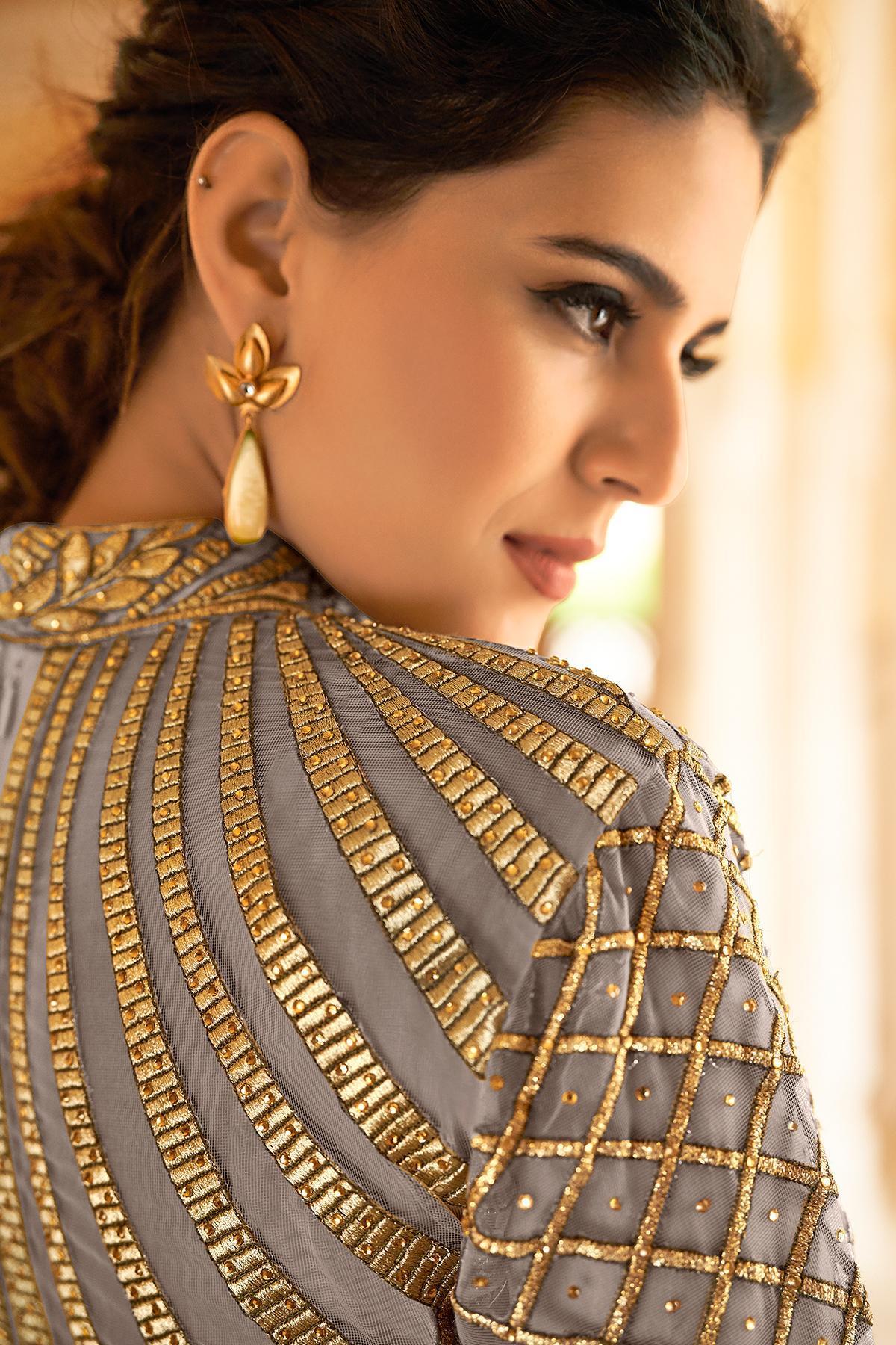 Grey Net Party Wear Anarkali Suit