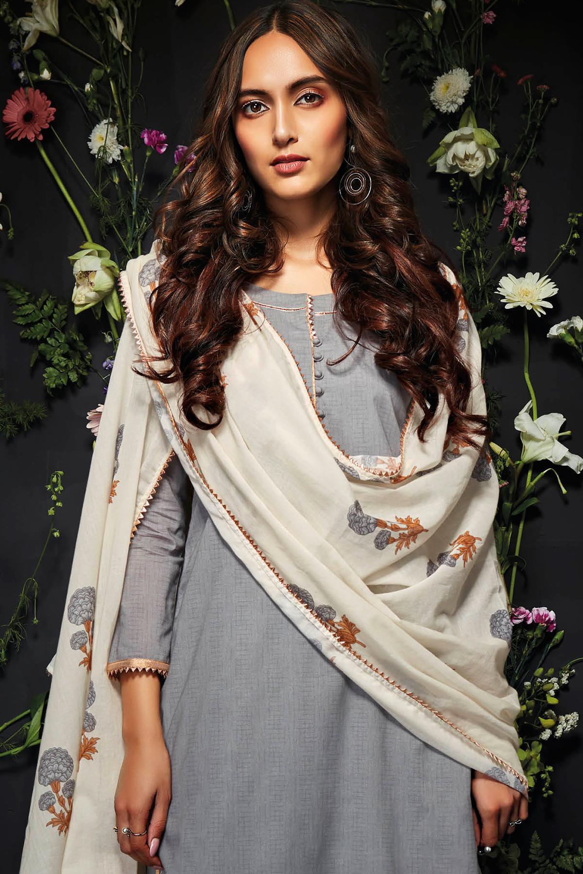 Grey Printed Cotton Palazzo Suit