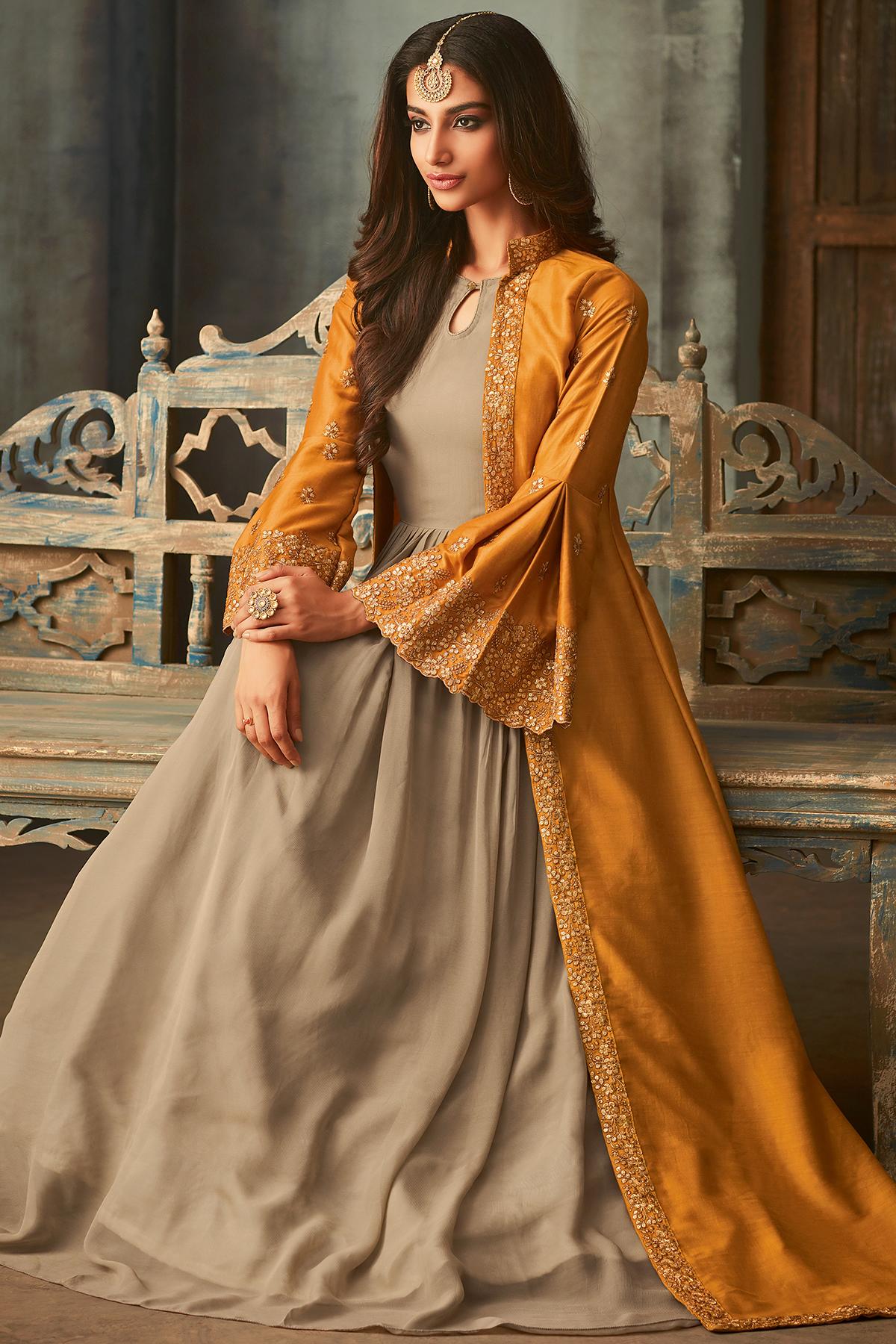 Honey Orange and Beige Silk Suit With Jacket