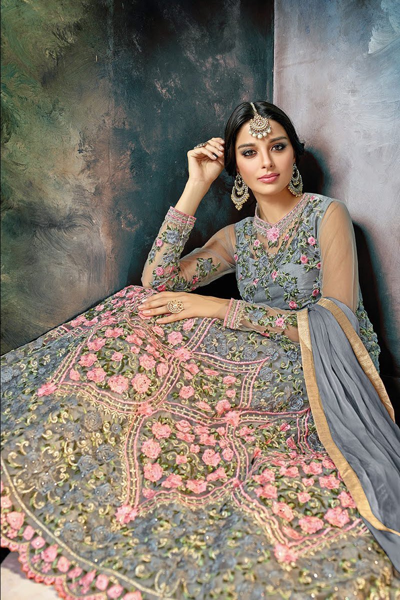Grey Party Wear Anarkali Style Suit