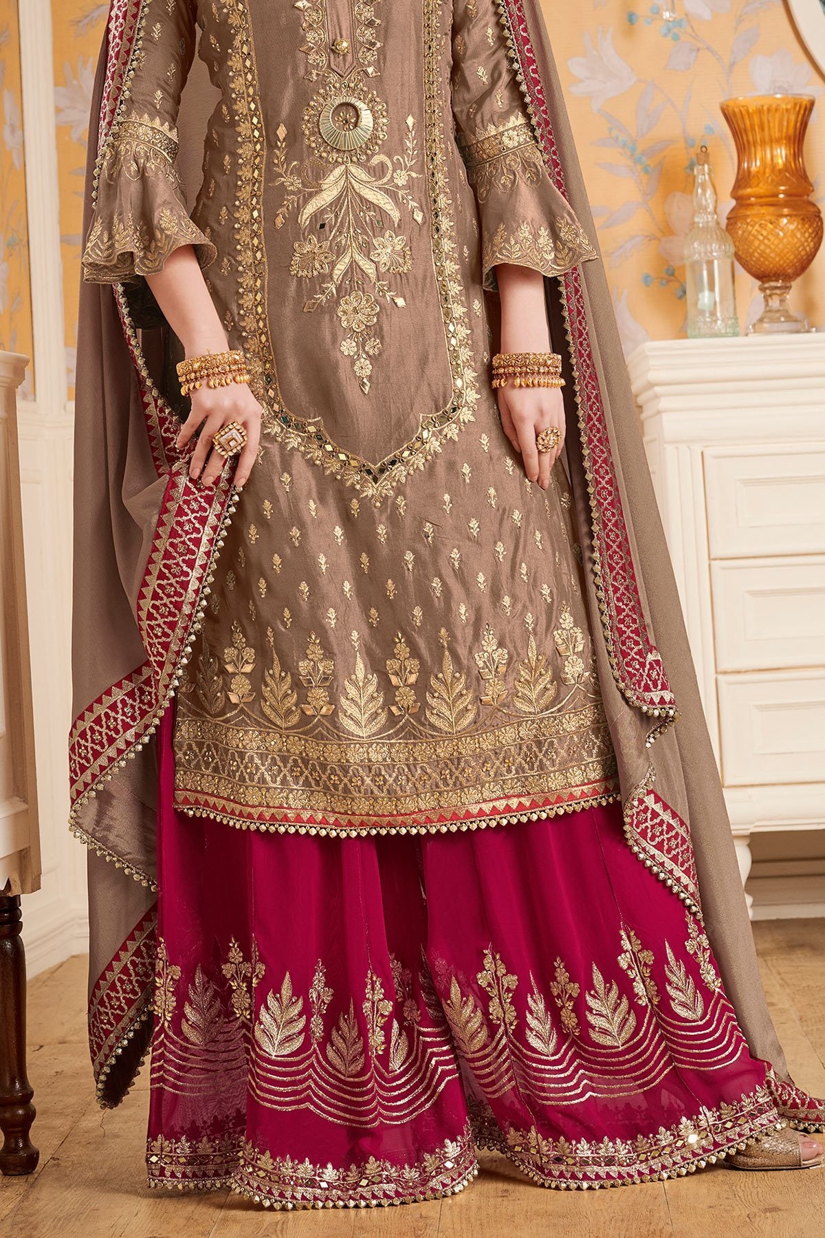 Beige and Burgundy Georgette suit with Palazzo