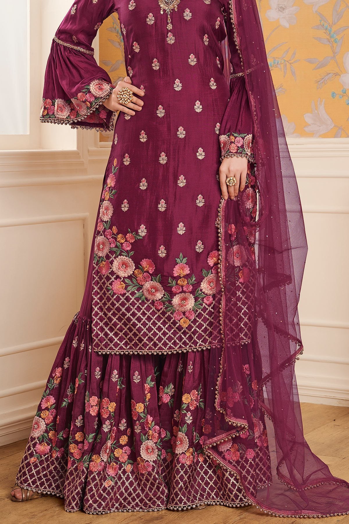 Purple Party Wear Palazzo suit with net Dupatta
