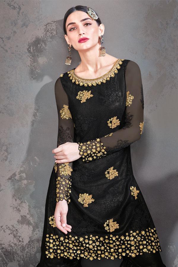 Outstanding Black Party Wear Sharara Style Suit