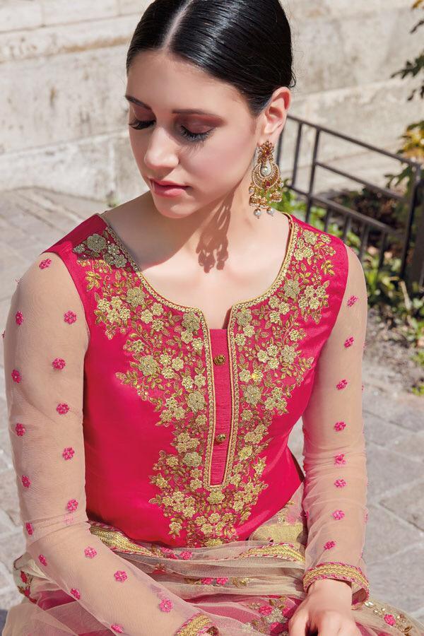 Rani-Pink Georgette Party wear Anarkali Suit with cream net duppatta