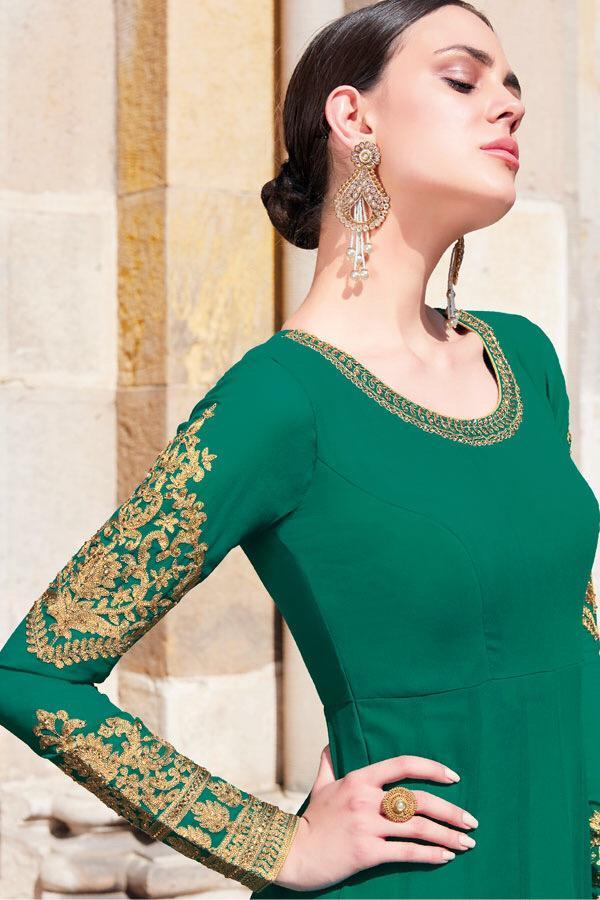 Emerald-Green Georgette Party wear Anarkali Suit with Beige net duppatta