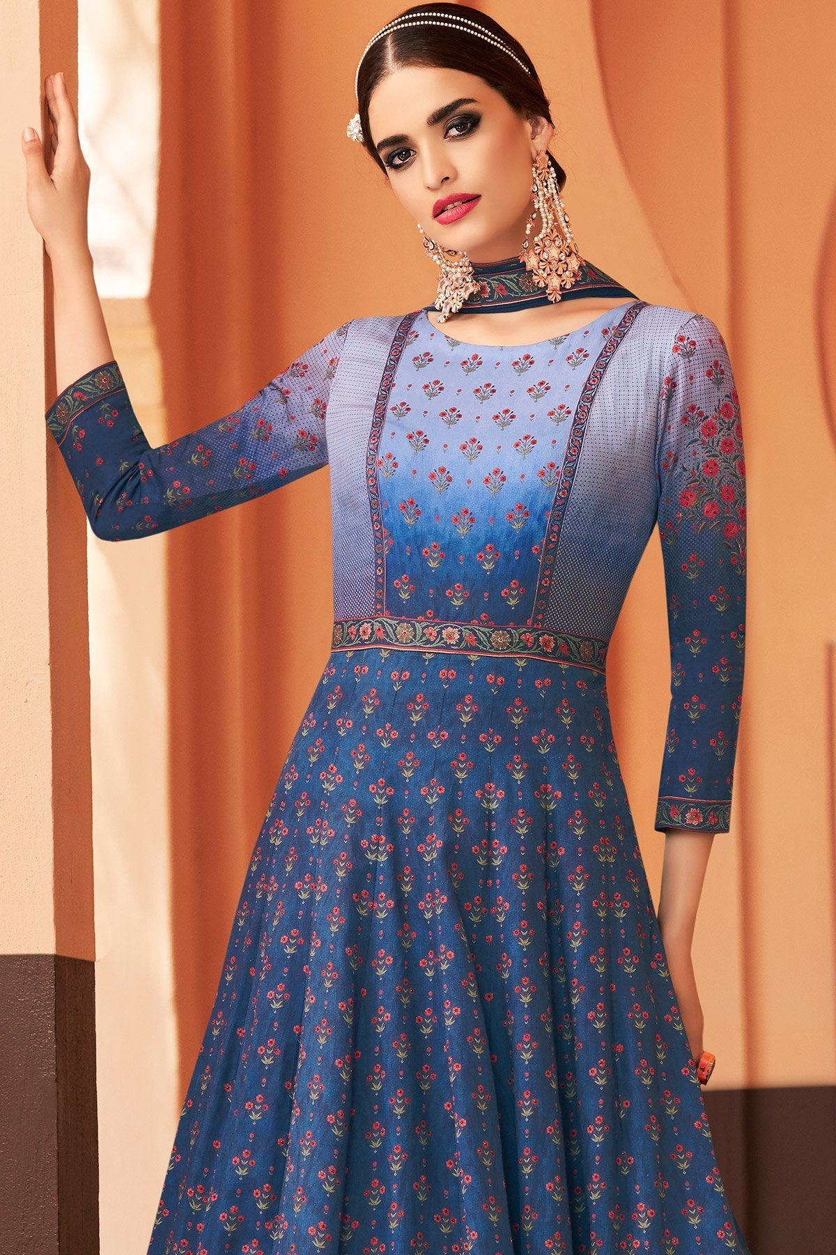 Blue Partywear Printed Cotton Satin Gown