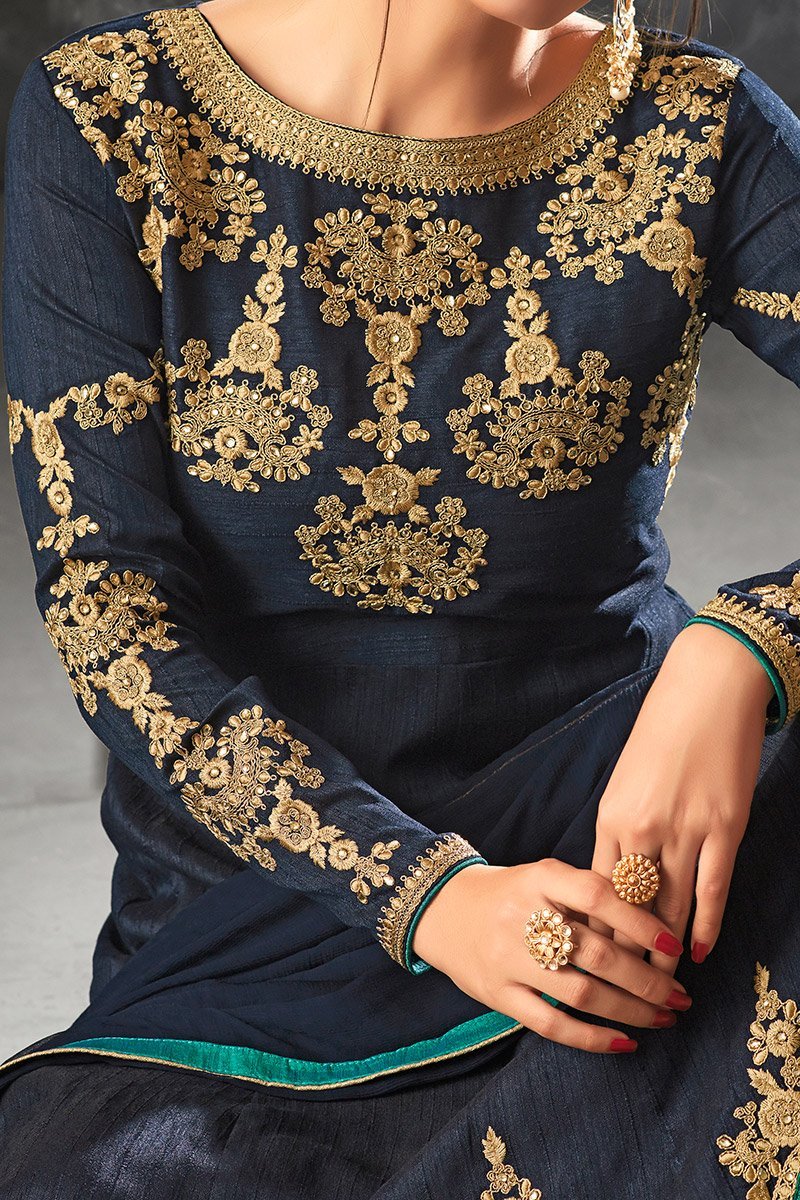 Indigo-Blue color Raw Silk Party Wear Anarkali Suit