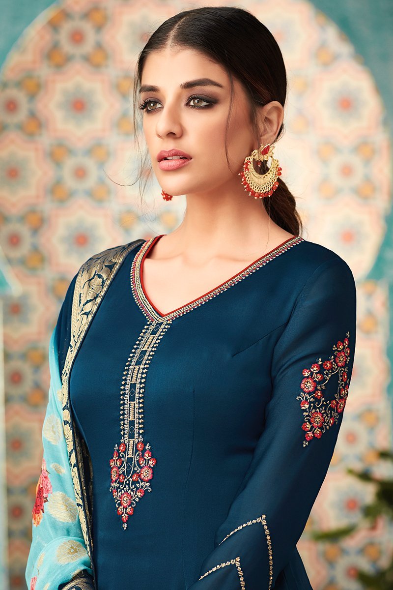 Blue Georgette Party Wear Straight Cut Suit