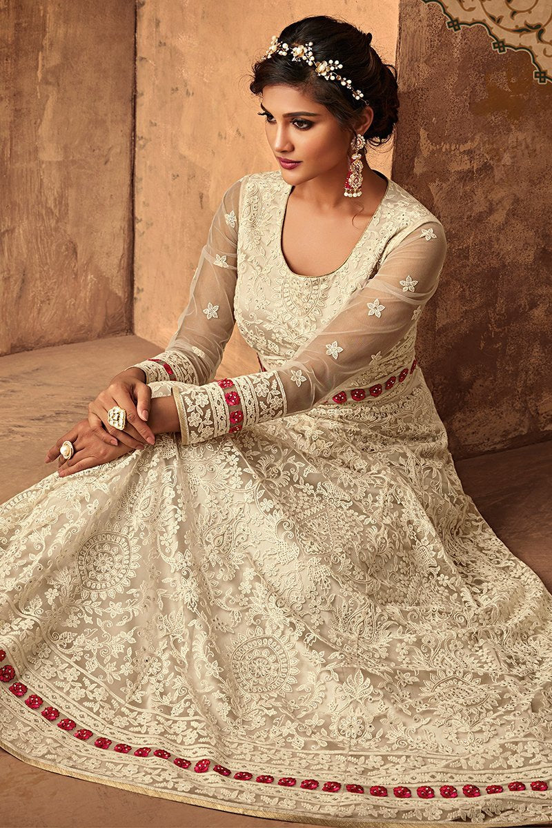 Pearl White Heavy Net Party Wear Anarkali Suit