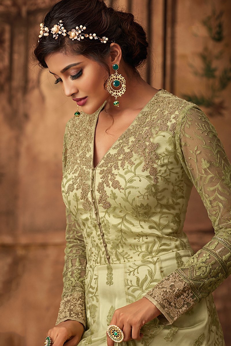 Cream Heavy Net Party Wear Anarkali Suit