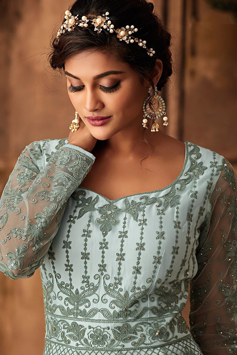 Grey and White Heavy Net Party Wear Anarkali Suit