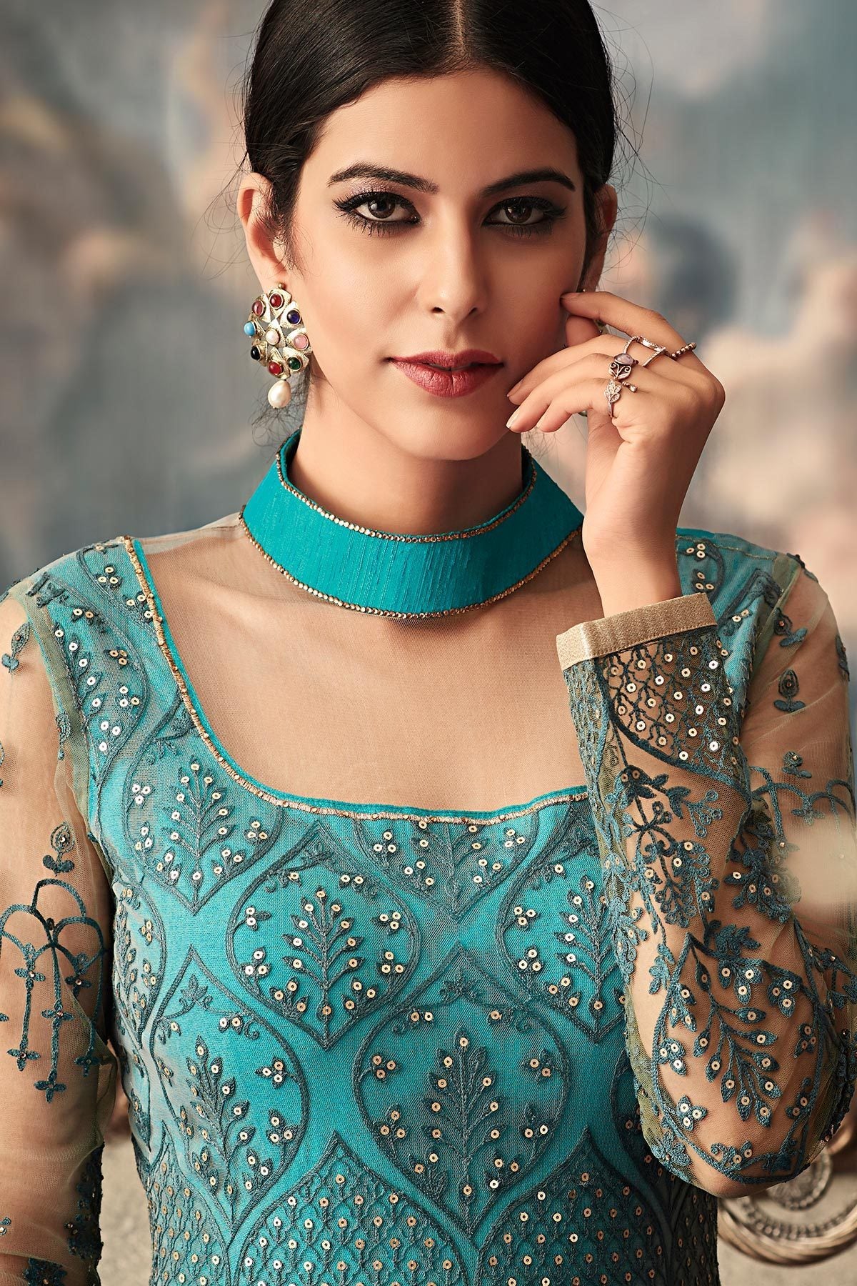 Sky Blue Anarkali with net Mint Green Dupatta