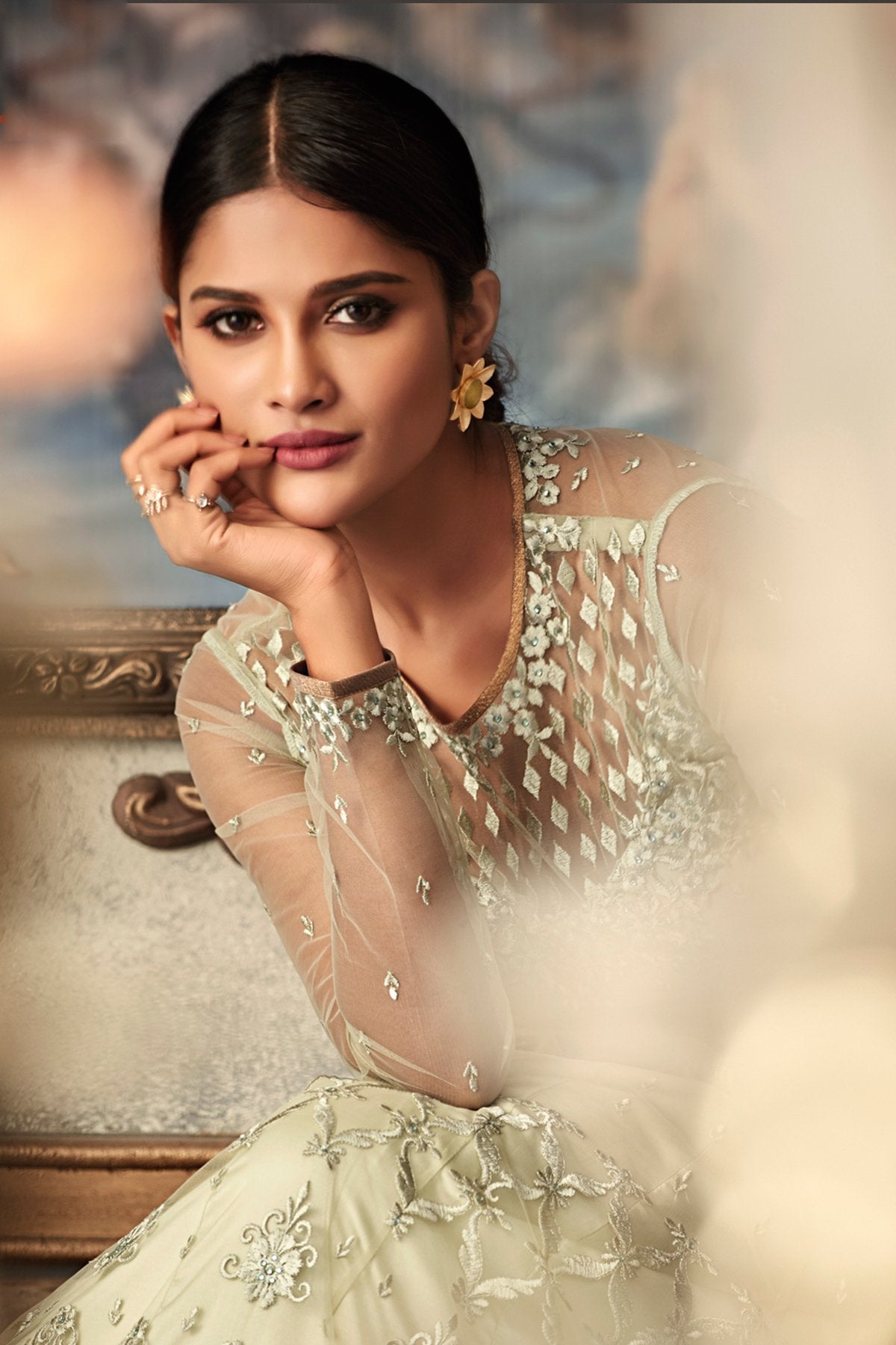 All White Anarkali suit with exclusive stone works and motifs