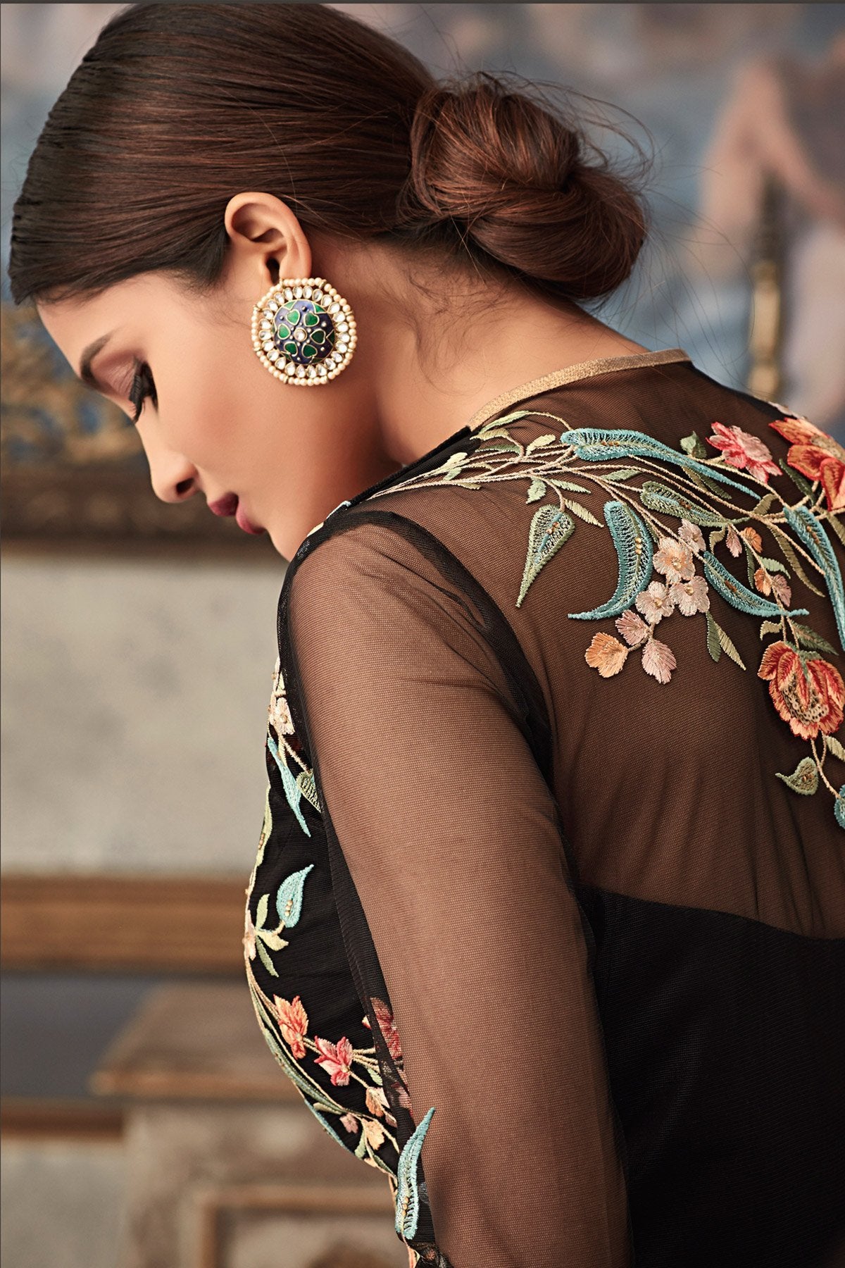 All Black Anarkali suit with great motif and stone works
