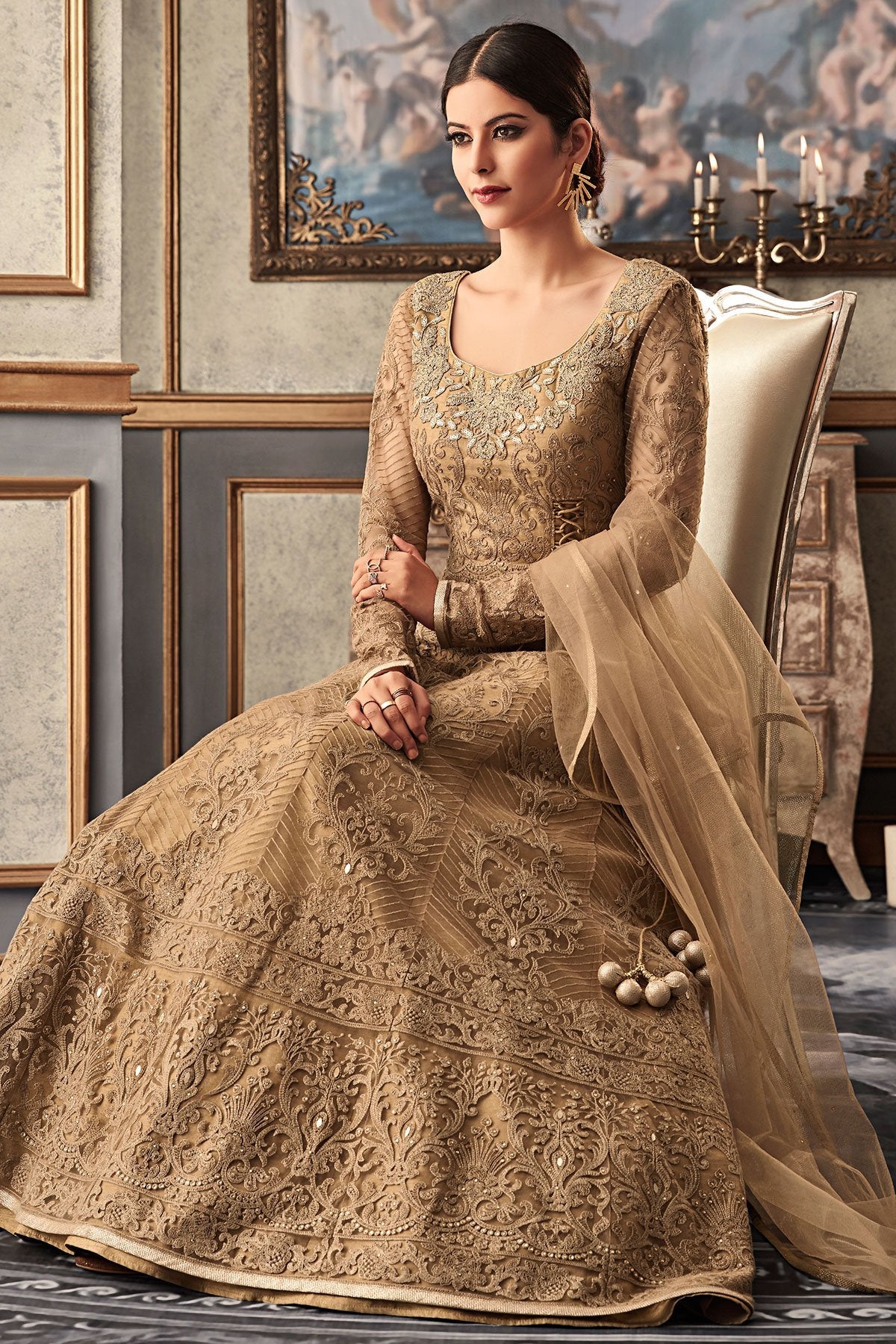 Khaki Brown Anarkali suit with net Dupatta