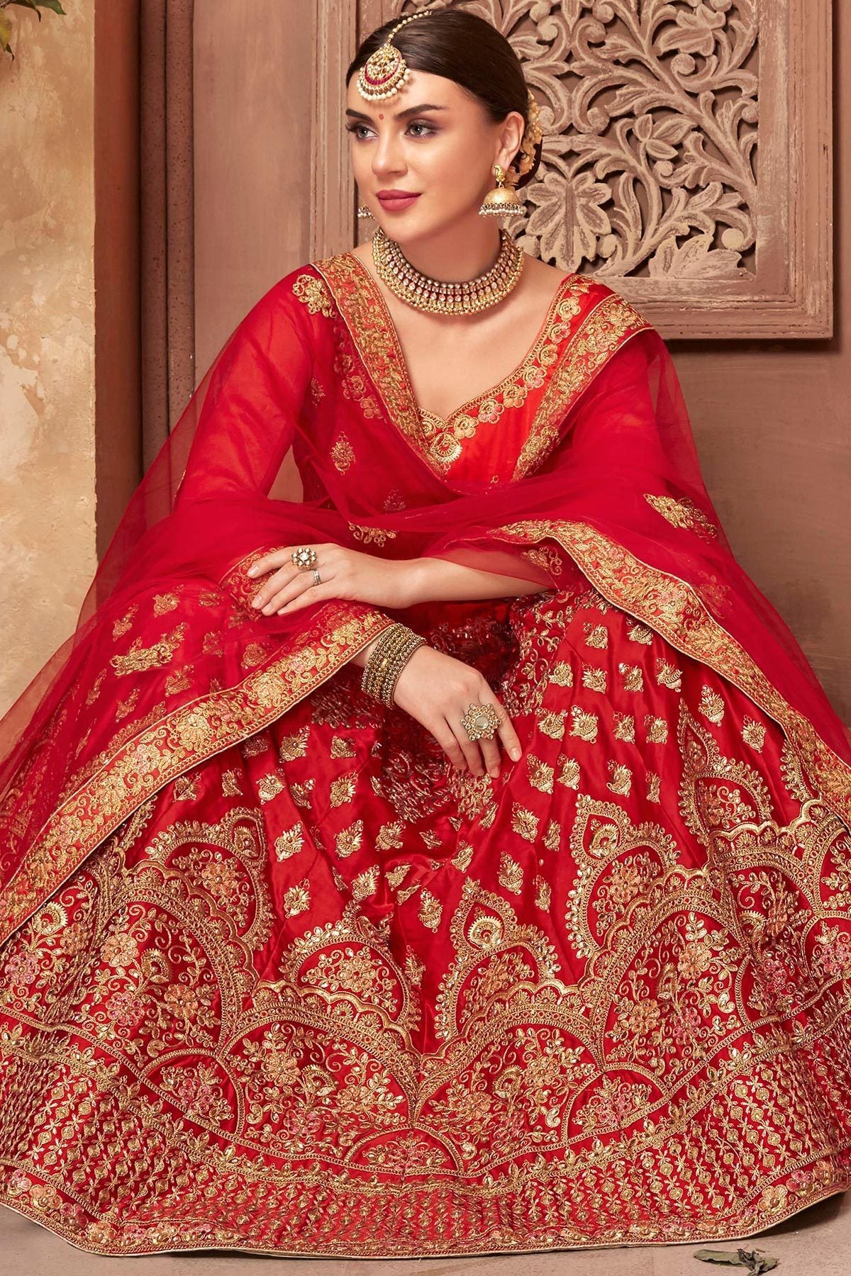 Bridal Lehenga Set in Red Satin Silk