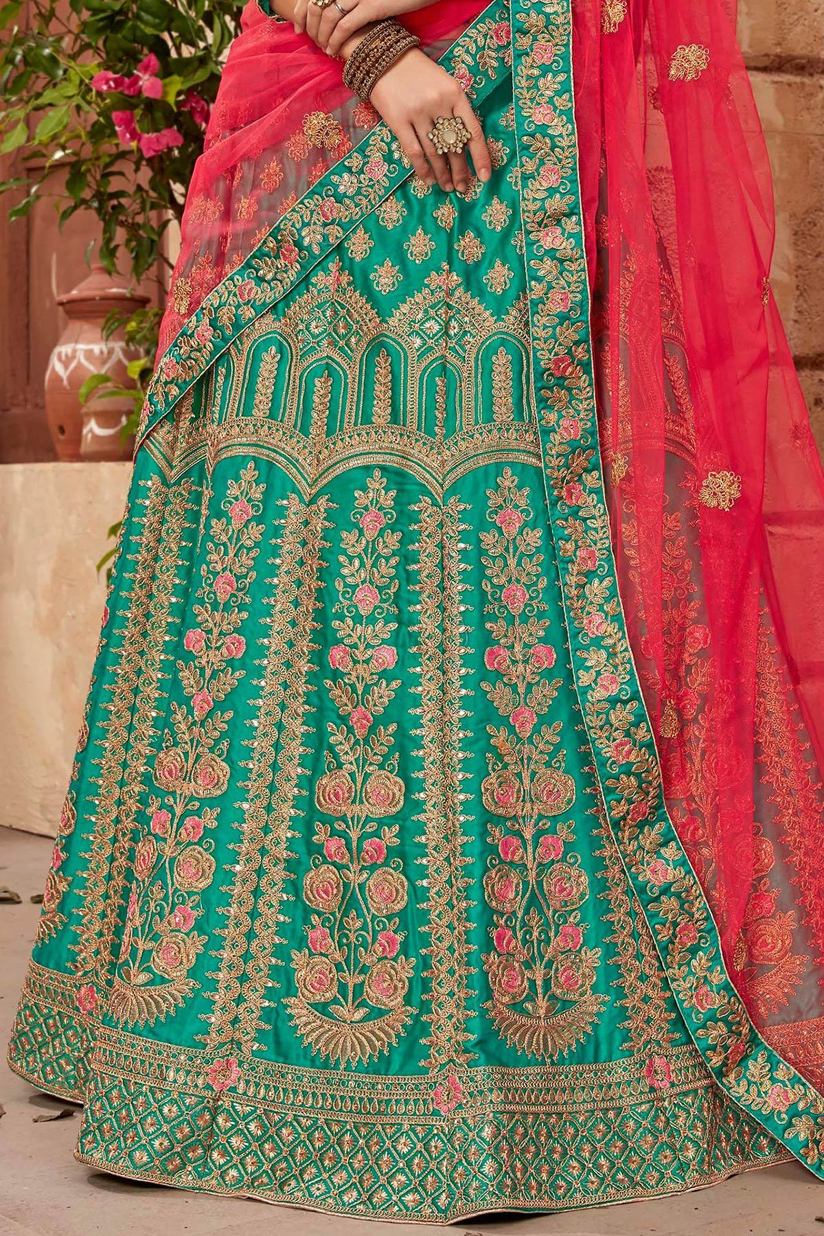 Blue and Red Lehenga Set in Satin Silk