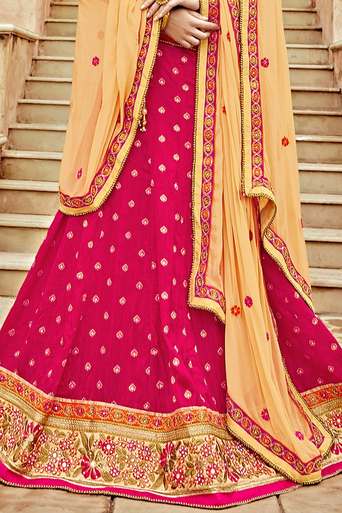 Pink and Yellow Bhagalpuri Silk Designer Lehenga Set
