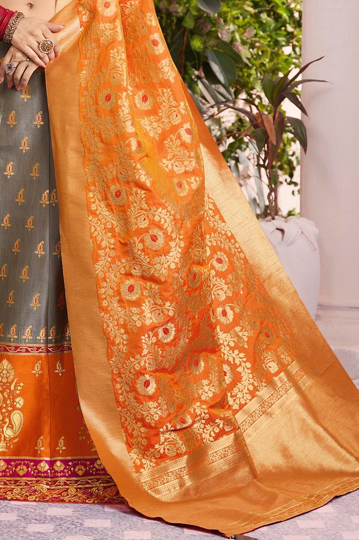 Gray and Red Lehenga set with Dupatta