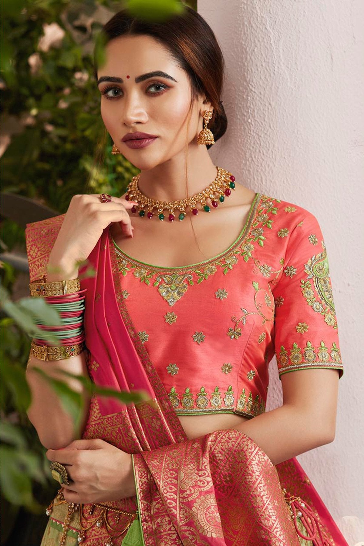 Off-White and Pink Lehenga set with Dupatta
