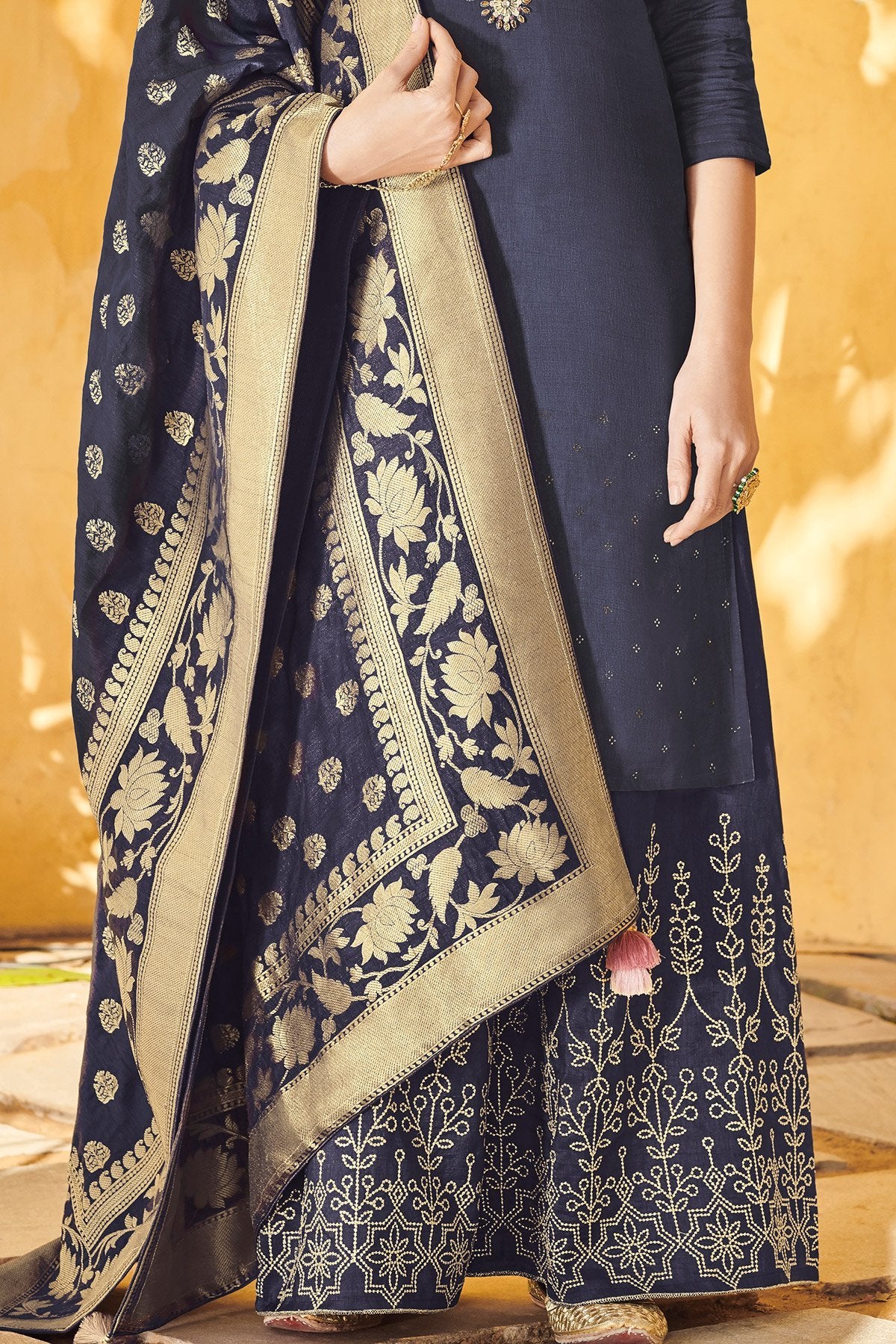 Charcoal Grey Pure Dola Silk Partywear Suit With Palazzo