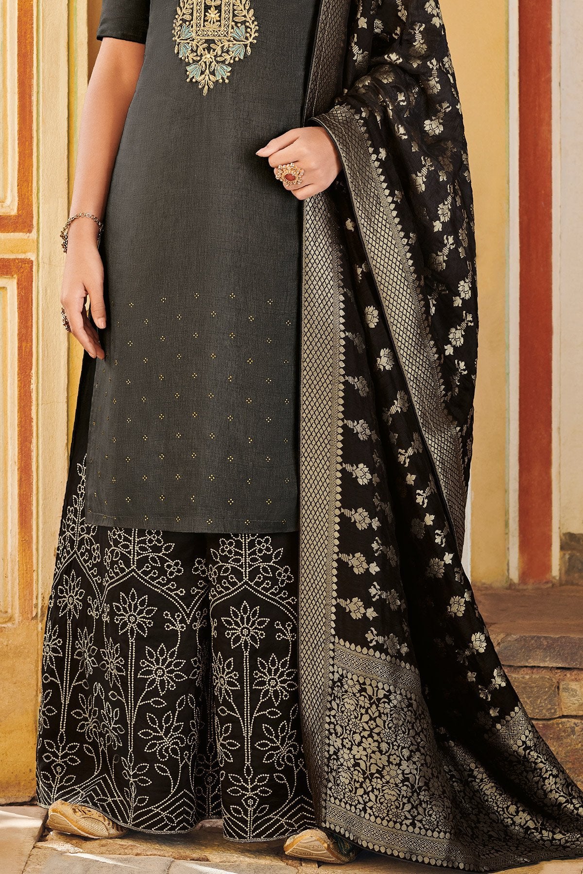 Black Pure Dola Silk Partywear Suit With Palazzo