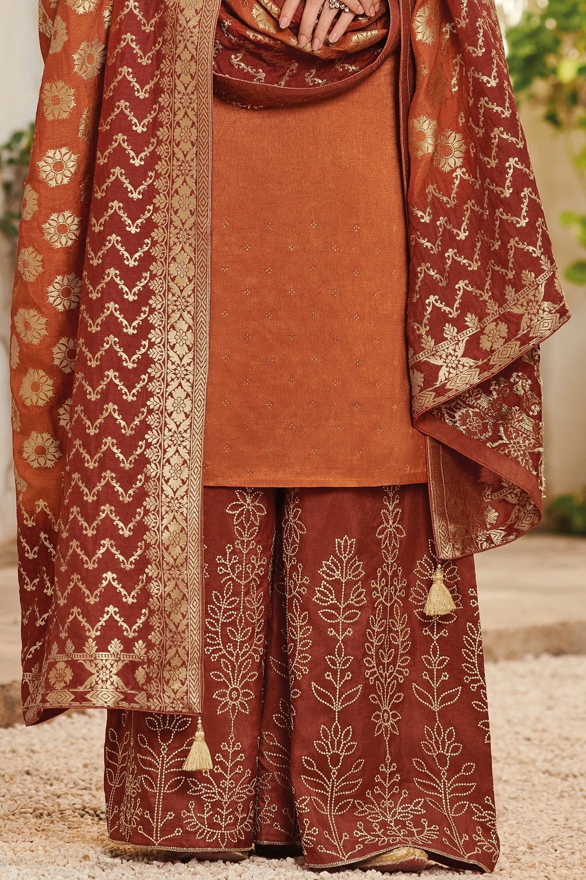 Yam Colored Pure Dola Silk Partywear Suit With Palazzo