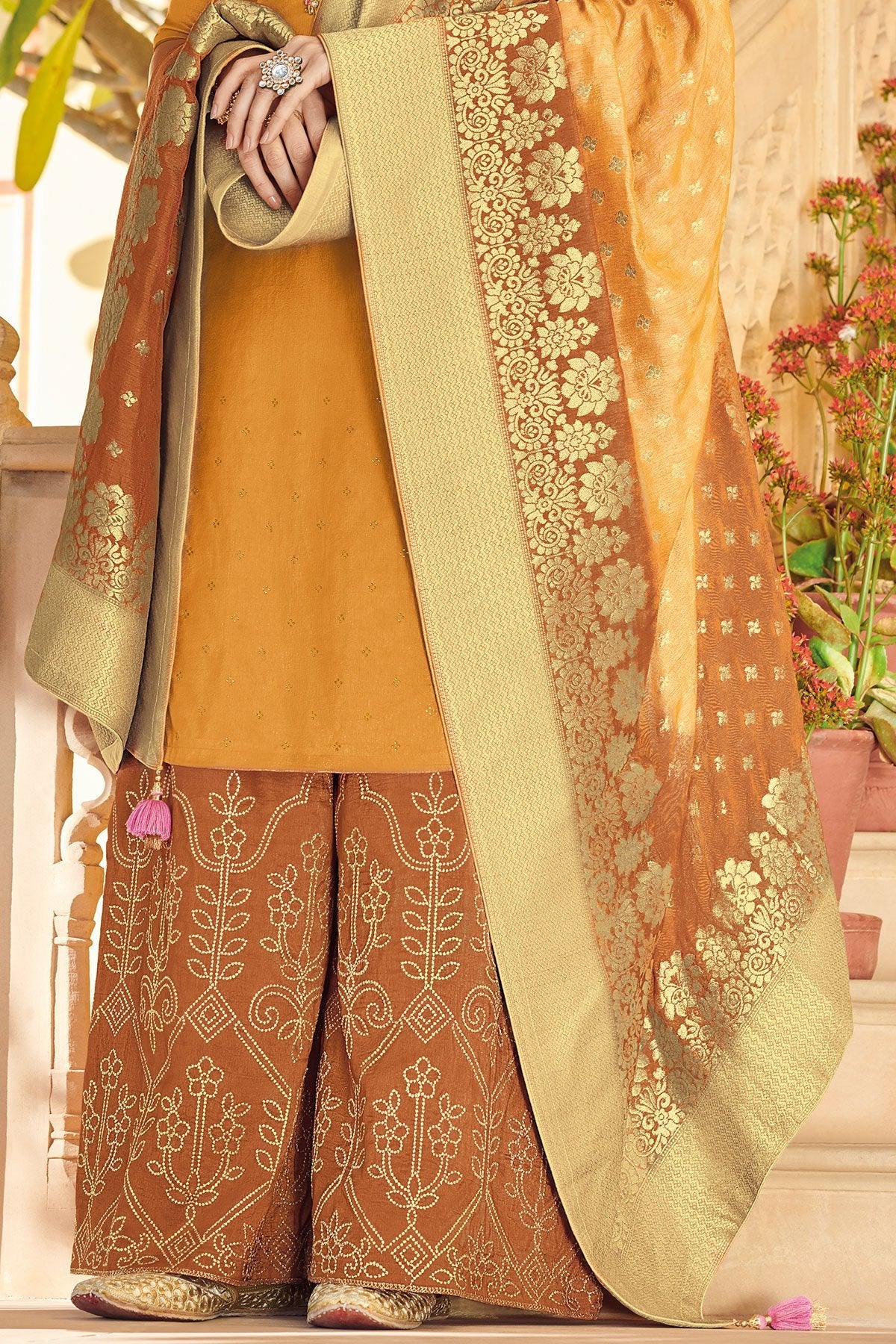 Canary Colored Pure Dola Silk Partywear Suit With Palazzo