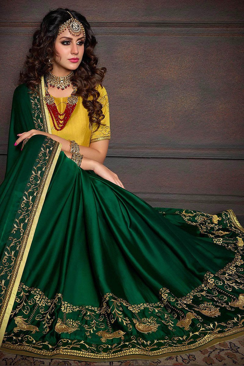 Dark Green and Mustard Yellow Embroidered Designer Fancy Saree